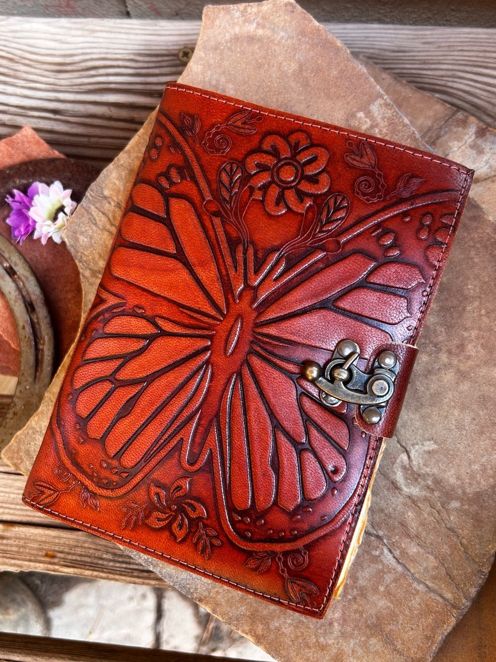 Handcrafted Brown Leather Butterfly Journal with Secure Clasp NWT